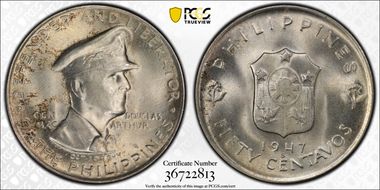 1947-S 50C Douglas MacArthur KM-184  Ag MS65