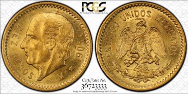 1905-M 10 Peso KM-473  Au MS63