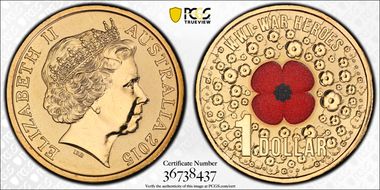 2015 $1 WWI War Heroes-Red Poppy Colorized MS68