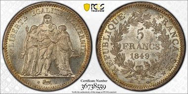 1849-K 5 Fr Gad-683 F-326 Hercule MS62
