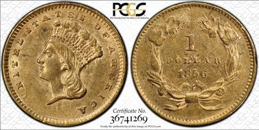 1856 G$1 Upright 5 AU55