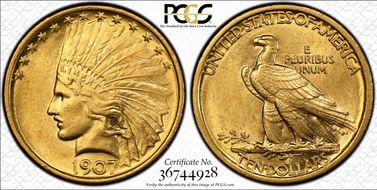 1907 $10 Indian AU58