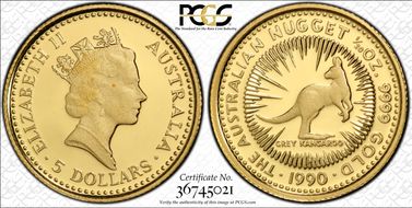 1990 $5 Grey Kangaroo-Nugget PR69DCAM