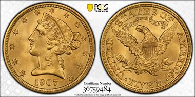 1907 $5 MS66+