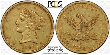 1842-D $5 Small Date XF45