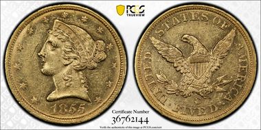 1855-C $5 AU58