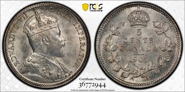 1907 5C Narrow Date MS63