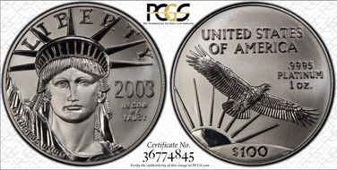 2003 $100 Statue of Liberty Mint Engravers Series Mercanti Flag MS70