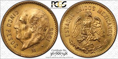 1955-M 5 Peso KM-464  Au MS65