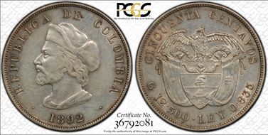 1892 50C Restrepo-408.1 Small Bust XF45