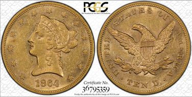 1864 $10 AU58