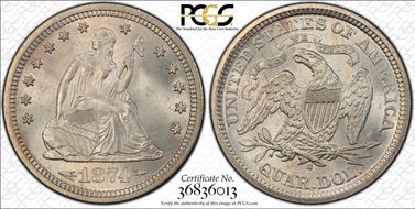 1874-S 25C Arrows MS66