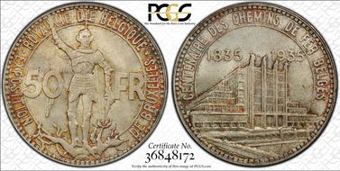 1935 50 Fr BELGIQUE  ↑↓ KM-106.1  Ag MS67