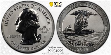 2018-S 25C Block Island NP-Silver Rev PR 50th Anniversary Set PR70