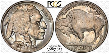 1937-D 5C 3 Legs AU58