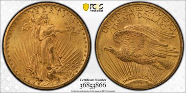 1908 $20 Motto MS64+