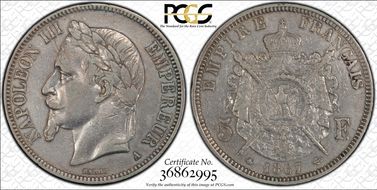 1867-A 5 Fr Gad-739 F-331 Argent N1