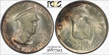 1947-S 50C Douglas MacArthur KM-184  Ag MS66+