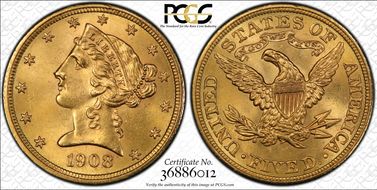 1908 $5 Liberty MS64