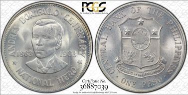 1963 Peso Andres Bonifacio KM-193  Ag MS65