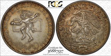1968-Mo 25 Peso Olympic KM-479.1 Rings Align, Straight Tongue AU58