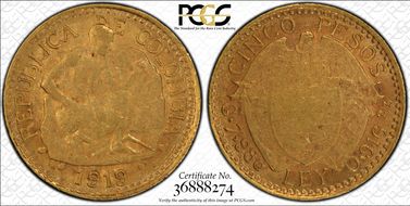 1919 5 Peso Restrepo-454.1a 191/191 AU55