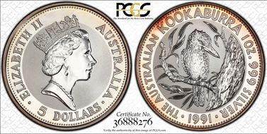 1991 $5 Kookaburra KM-138  Ag MS68