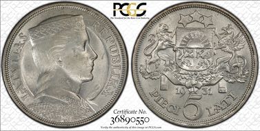 1931 5 Lat KM-9  Ag MS63