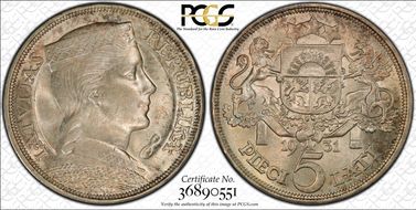 1931 5 Lat KM-9  Ag MS64