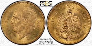 1918-M 5 Peso KM-464  Au MS63