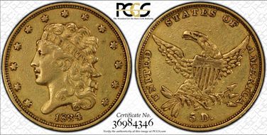 1834 $5 Classic Head, Plain 4 XF45