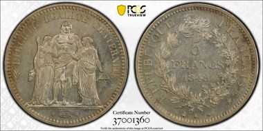 1848-K 5 Fr Gad-683 F-326 Hercule MS61