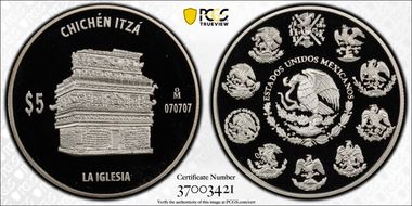 (2011)-Mo 5 Peso Chichen Itza KM-947 La Iglesia PR69DCAM