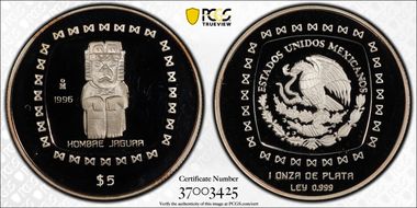 1996-Mo 5 Peso Hombre Jaguar Mo Above Date PR67DCAM