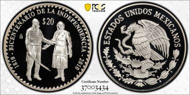 2010-Mo 20 Peso Morelos & Hidalgo Bicentenary of Independence PR69DCAM