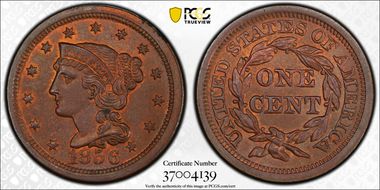 1856 1C N-7, Upright 5 MS65BN