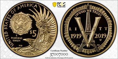 2019-W $5 American Legion 100th Ann First Strike PR70DCAM