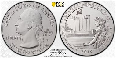 2019-P 25C American Memorial NP  5 oz Silver First Strike SP69