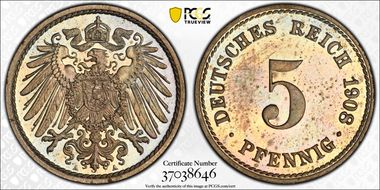 1908-A 5 Pfg J-12 PR64CAM
