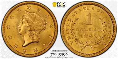 1849 G$1 Open Wreath MS64