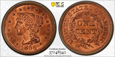 1856 1C Upright 5 MS65+ RB