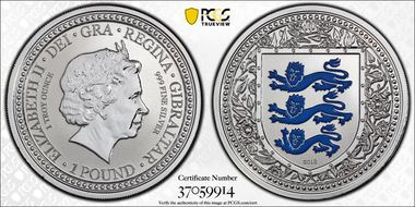 2018 £1 Royal Arms of England Blue Rev PR PR70