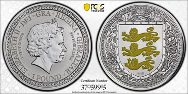 2018 £1 Royal Arms of England Yellow Rev PR PR70
