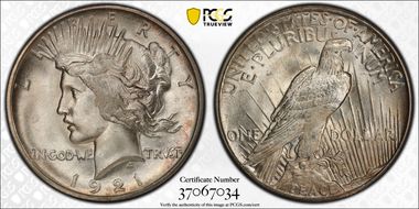 1921 $1 High Relief, Peace MS65