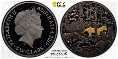 2019 $5 Tasmanian Tiger Echoes of Australian Fauna PR70DCAM