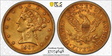1907-D $5 AU55
