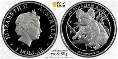 2018-P $1 Koala Ag High Relief PR70DCAM