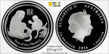 2016-P $1 Year of the Monkey Ag First Strike PR70DCAM