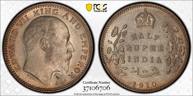 1910(C) 1/2 Rup SW-7.70 Prid-314 AU58