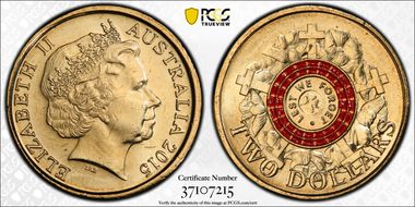 2015 $2 Lest We Forget Colorized Poppy Counterstamp MS65